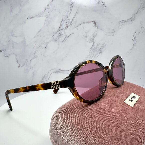 New MIU MIU Sunglasses Brown Tortoise Round Acetate Gold Metal Logo Authentic - Picture 5 of 16